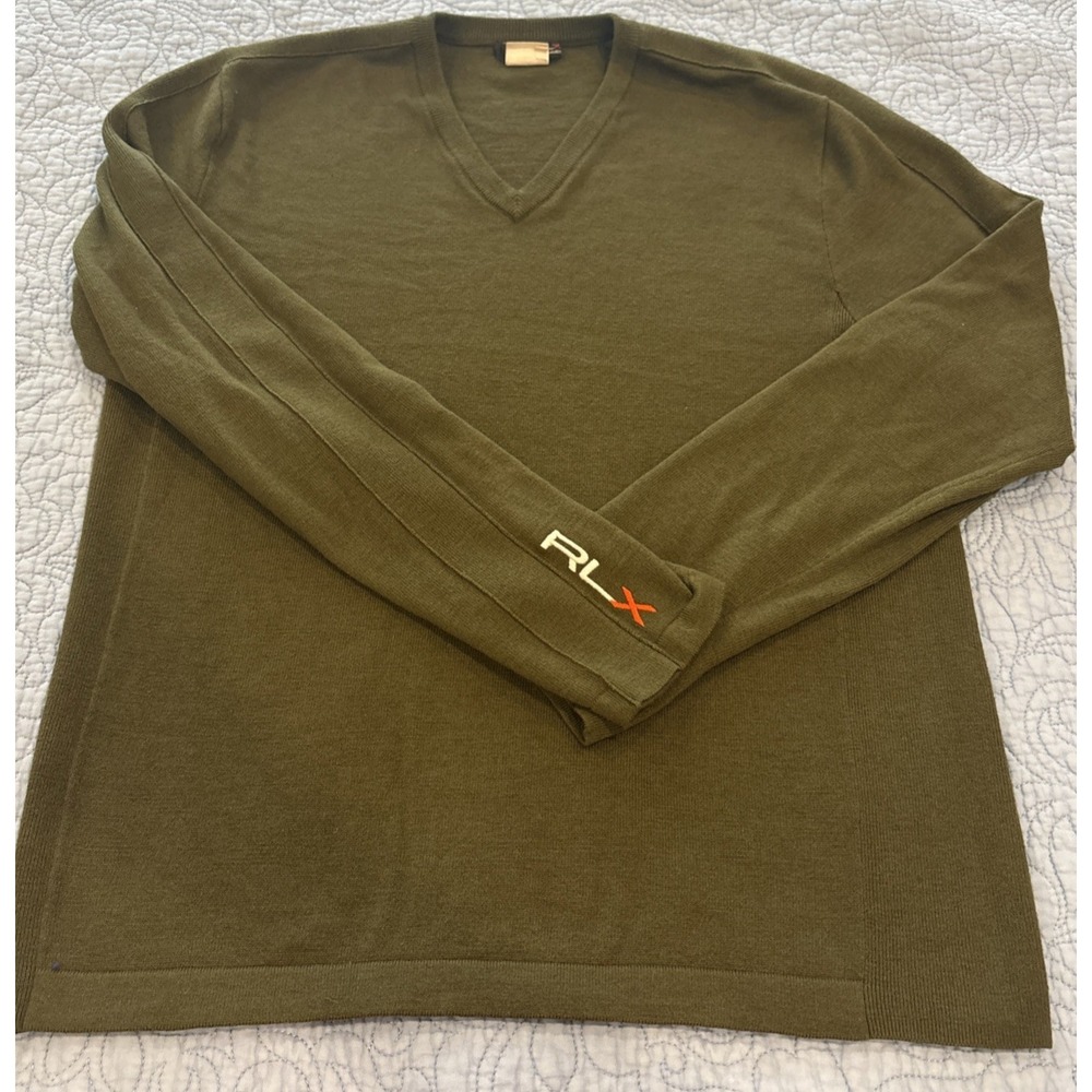 RLX Ralph Lauren Men's Medium‎ Wool Blend Sweater Olive Green V-Neck Pullover